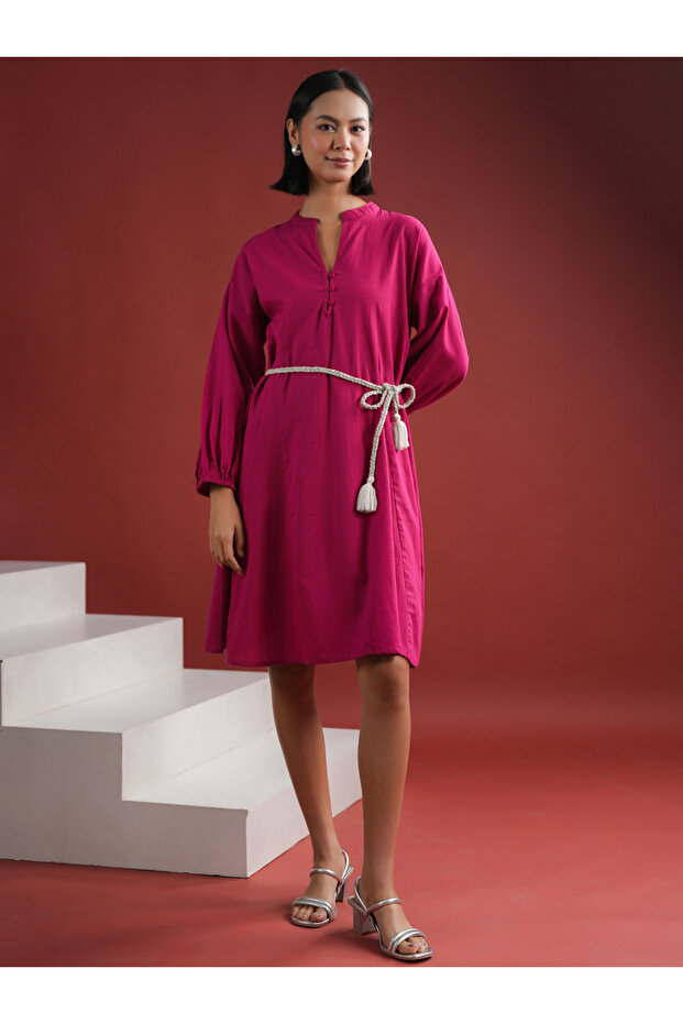 Women Pink Solid Collared Cotton A-Line Knee Length Dress
