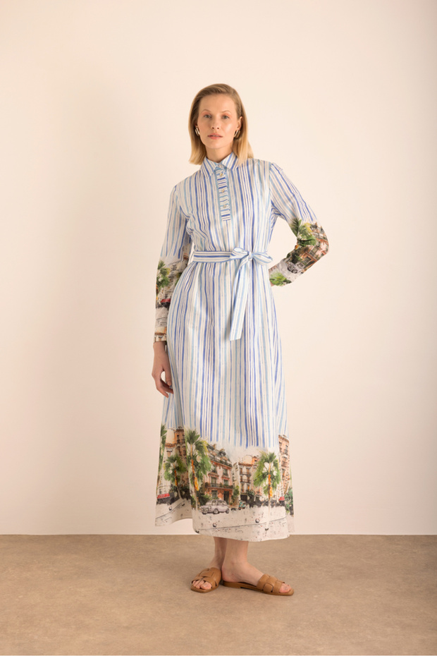 Patterned, Striped Cotton Dress - 1