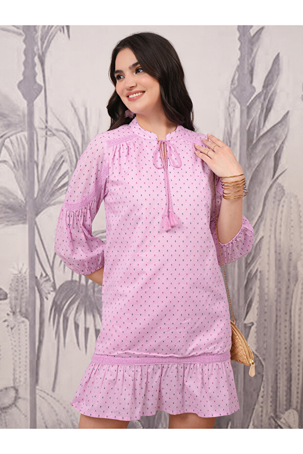 Polka Dot Print Tie-Up Neck A-Line Mini Dress