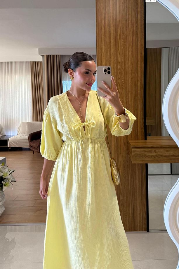 Leydia Sarı Müslin Elbise - 2