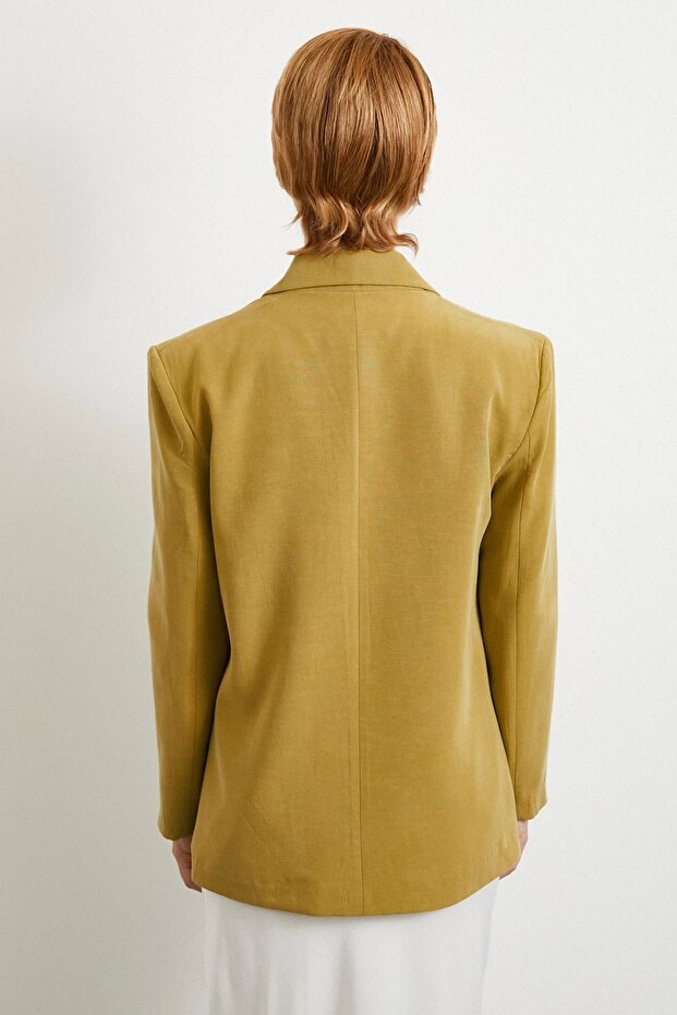 Çift Düğmeli Keten Blazer Ceket Olive - 6