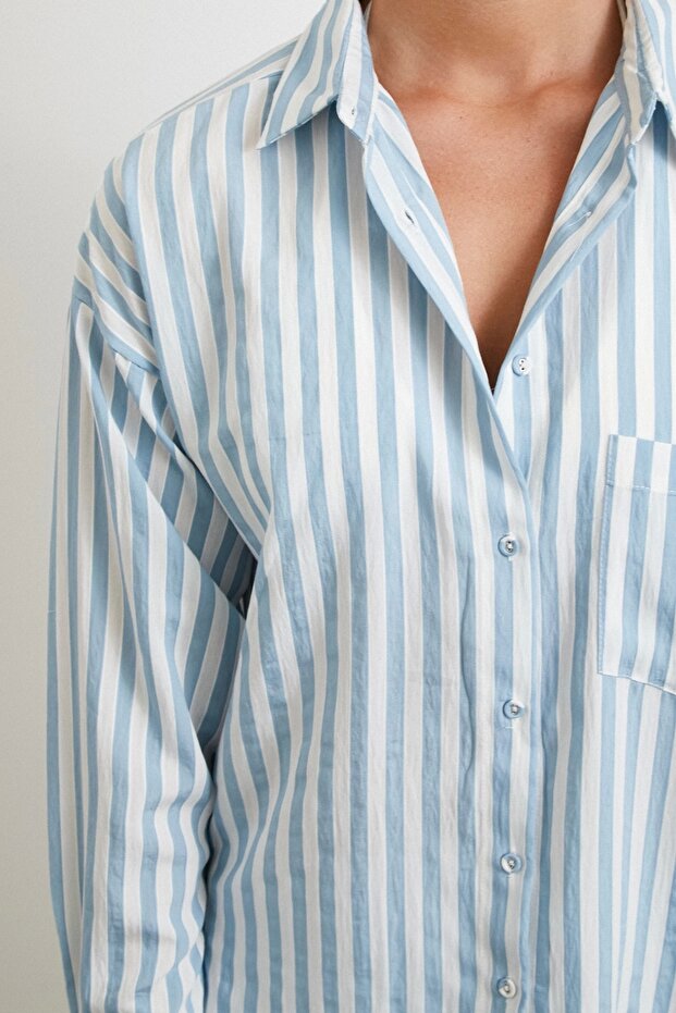 Multi Çizgili Cepli Gömlek Mavi - 5