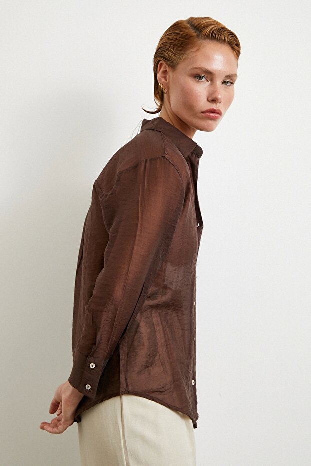 Modal Basic V Yaka Gömlek Kahve - 4