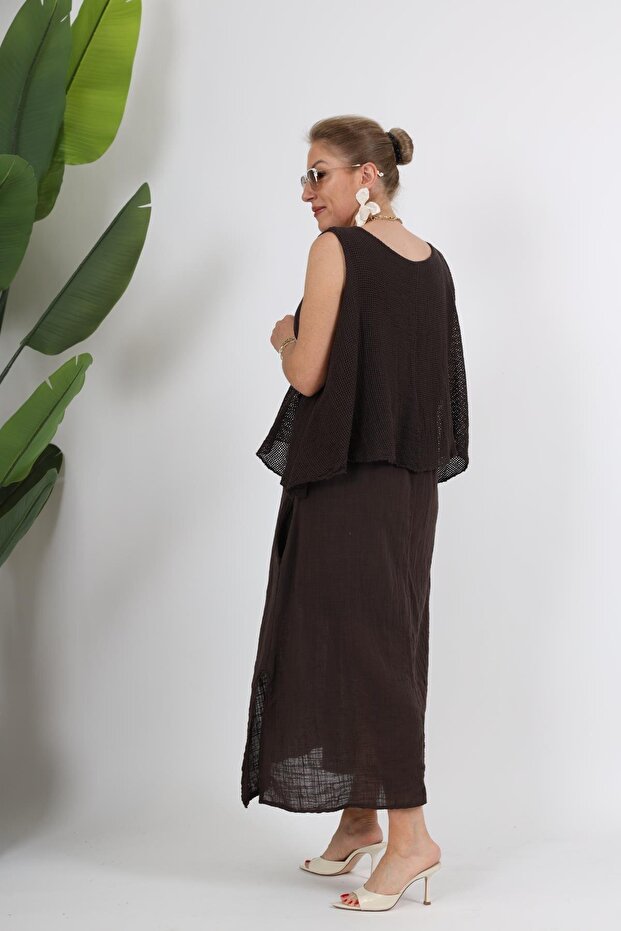 İthal File Detay Sıfır Kol Kahve Keten Elbise - 3