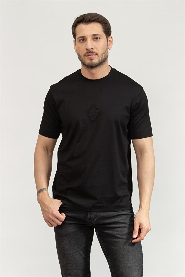 Men's Regular Fit Round Neck Eagle Embossed Short Sleeve Black T-Shirt Em 001040 Af13669-Uc001