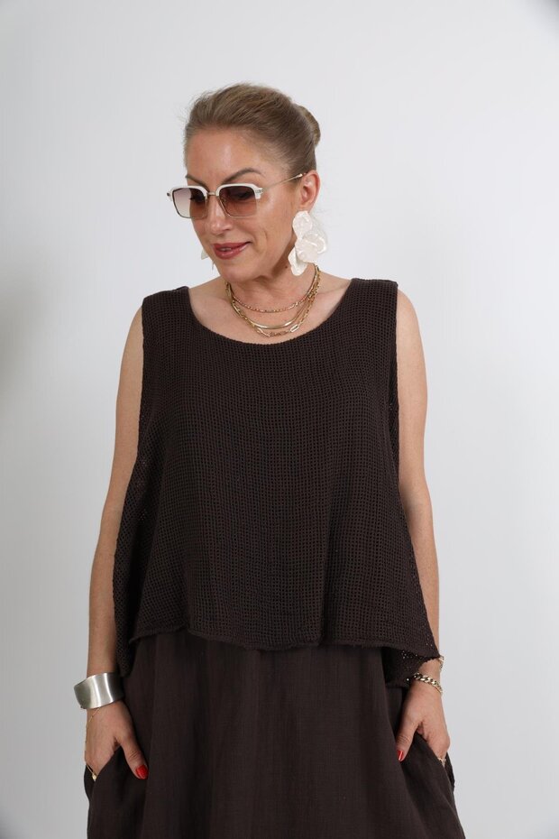 İthal File Detay Sıfır Kol Kahve Keten Elbise - 6