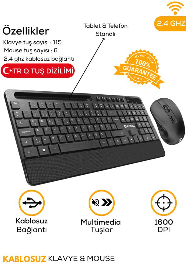 2.4ghz Kablosuz Wireless Siyah Multimedya Tablet, Telefon Standlı Klavye + Mouse Set - 1