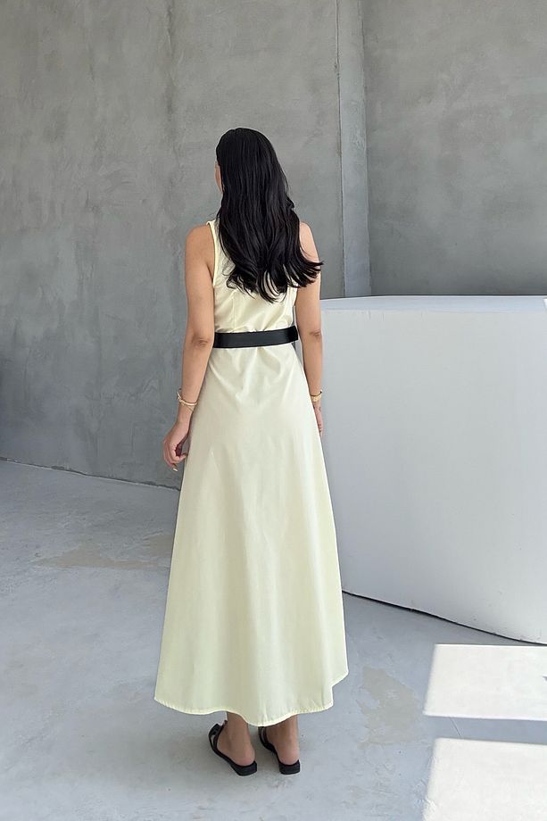 Kemerli Poplin Sarı Elbise - 5