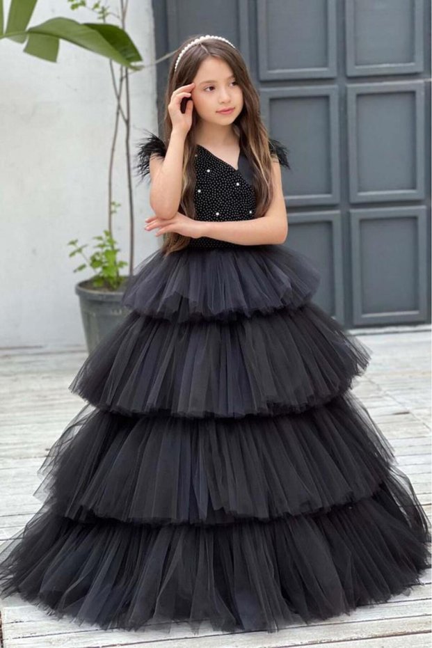 Girl's Body Pearl Stone Embroidered Layered Tulle Sleeveless Black Evening Dress