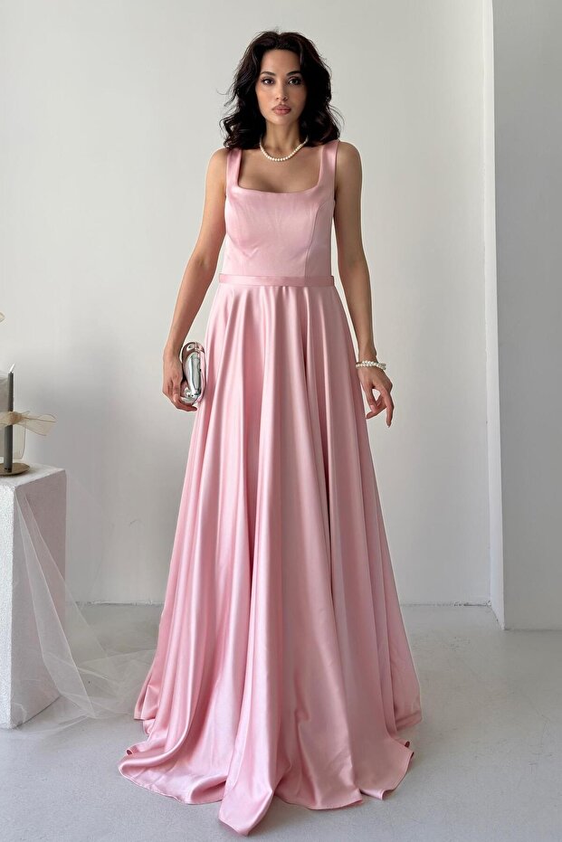 Powder Square Neckline Strap Satin Evening Dress