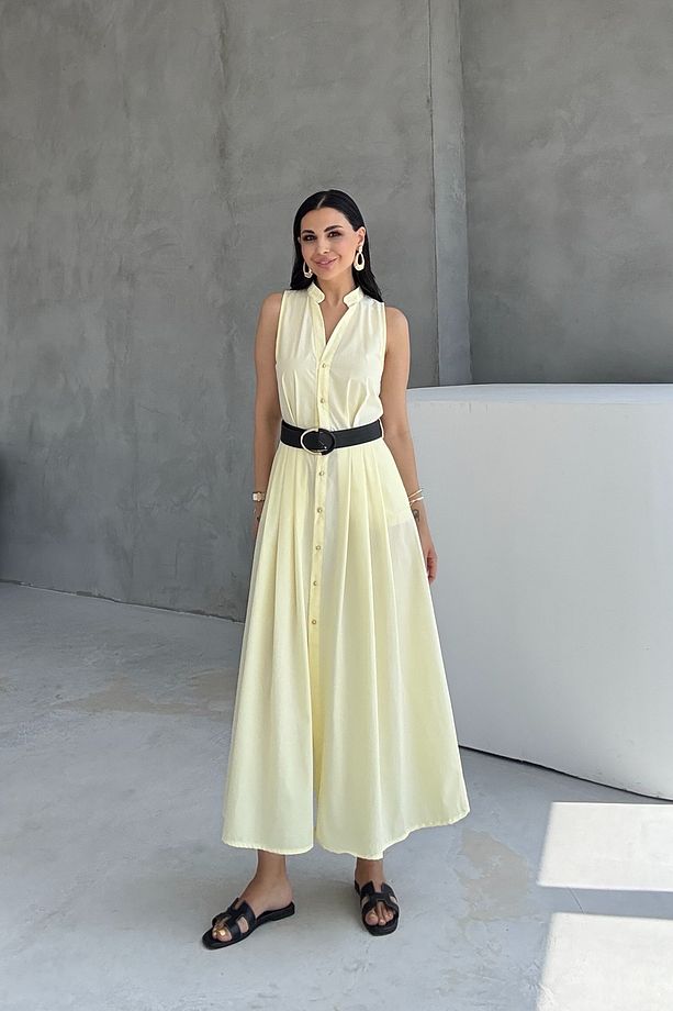 Kemerli Poplin Sarı Elbise - 3
