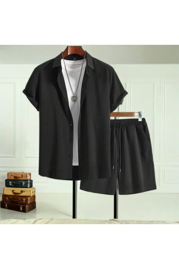 Alaçatı Style Men's Short Sleeve Shirt and Shorts Wrap Crinkle Suit