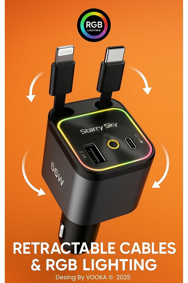 66W Araç Şarj Adaptörü – Type-C + Lightning Makaralı Kablo, USB + Type-C Girişli, Hızlı Şarjlı - 4