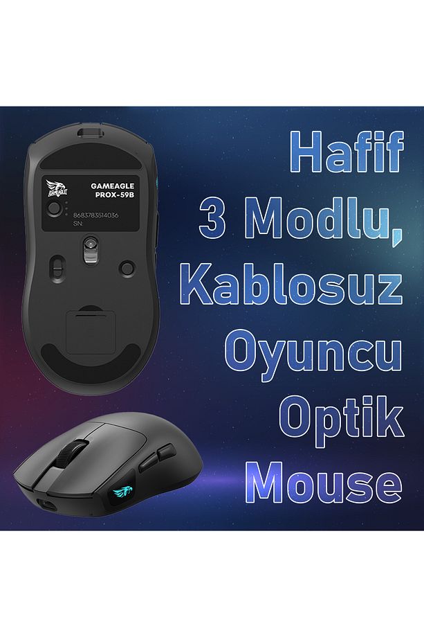 Prox Bluetooth-Kablosuz-Kablolu Şarjlı 12800 Dpı Hafif 59GR Gaming Mouse Oyuncu Mouse SİYAH - 2