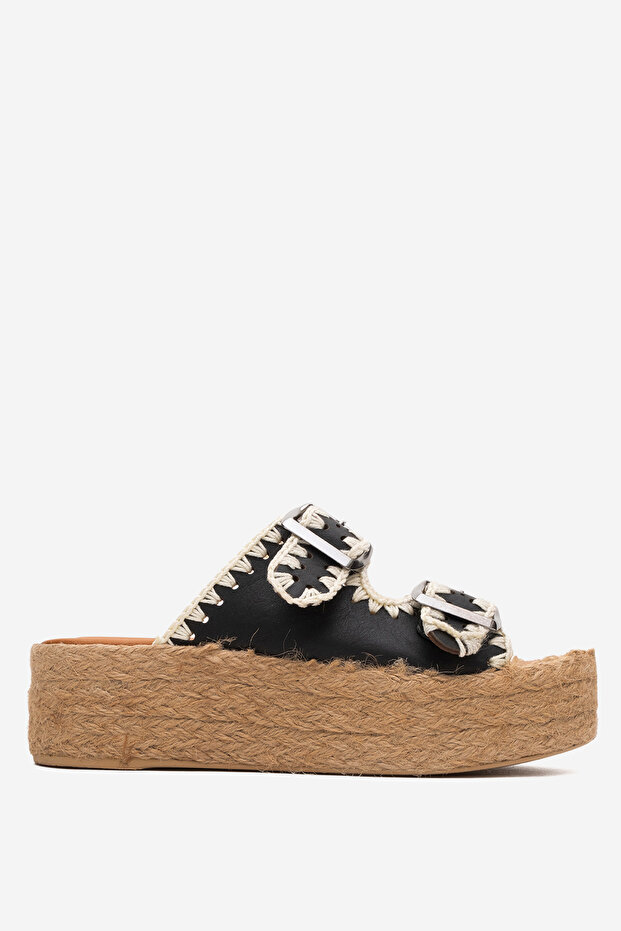 Dericlub Women's Straw Thick Sole Double Banded Slippers Real Leather Zy 8090 Black
