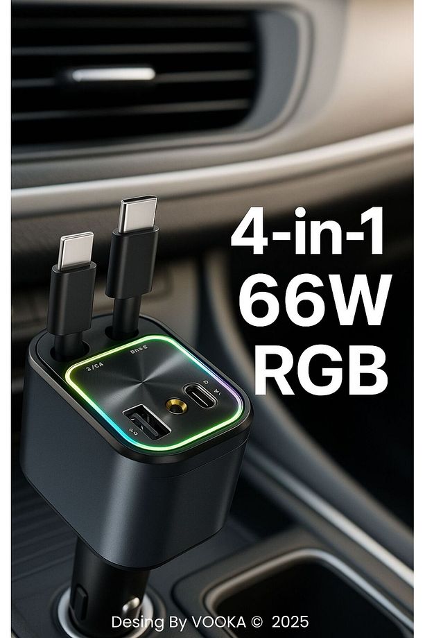 66W Araç Şarj Adaptörü – Type-C + Lightning Makaralı Kablo, USB + Type-C Girişli, Hızlı Şarjlı - 7