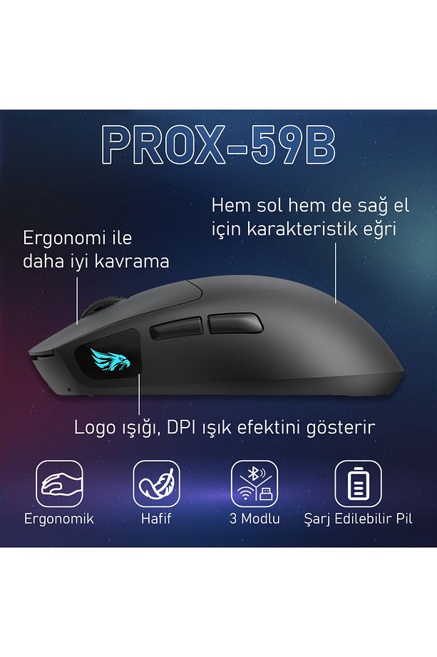 Prox Bluetooth-Kablosuz-Kablolu Şarjlı 12800 Dpı Hafif 59GR Gaming Mouse Oyuncu Mouse SİYAH - 4