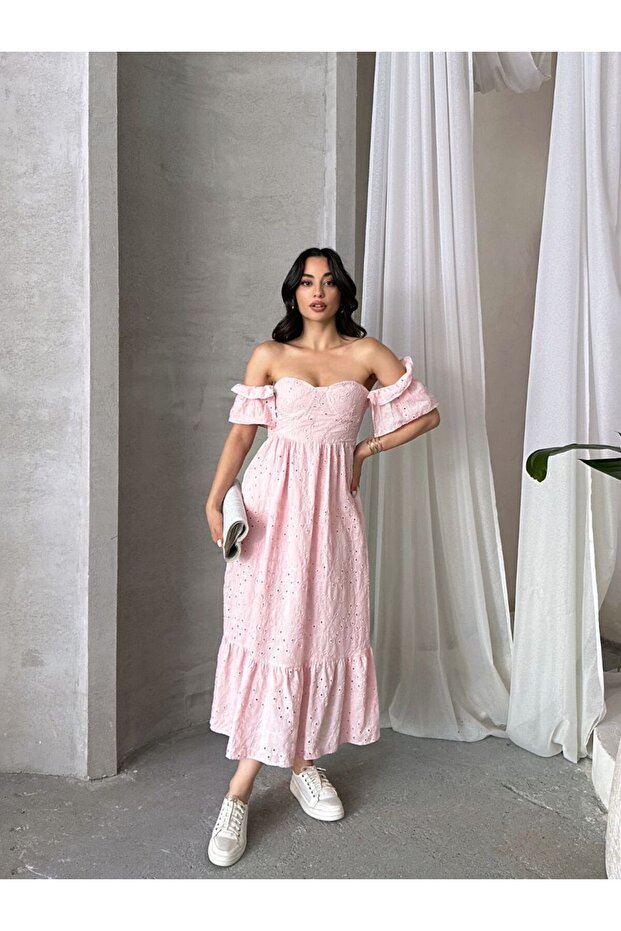 Gipe Detaylı Pembe Elbise - 1
