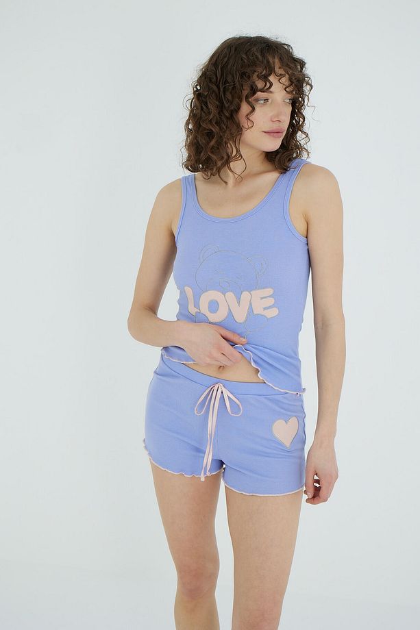 Sevimli Ayıcık ve Kalp Baskılı Kalın Askılı Şort Pijama Takımı - 5