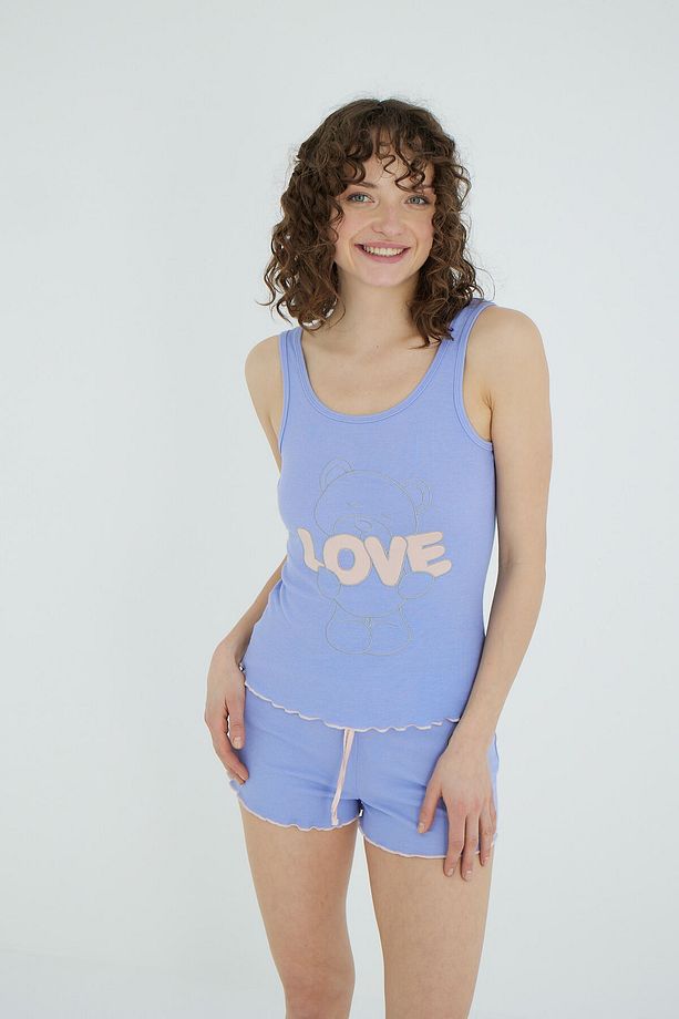 Sevimli Ayıcık ve Kalp Baskılı Kalın Askılı Şort Pijama Takımı - 3