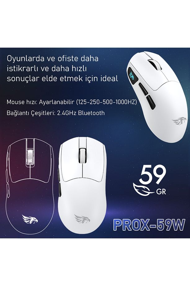 Prox Bluetooth-Kablosuz-Kablolu Şarjlı 12800 Dpı Hafif 59GR Gaming Mouse Oyuncu Mouse BEYAZ - 5