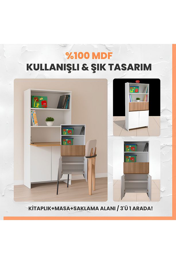 Kitaplıklı Ve Açılabilir Çalışma Masası Çok Amaçlı Ünite – %100 Mdf | Yerli Üretim - 2
