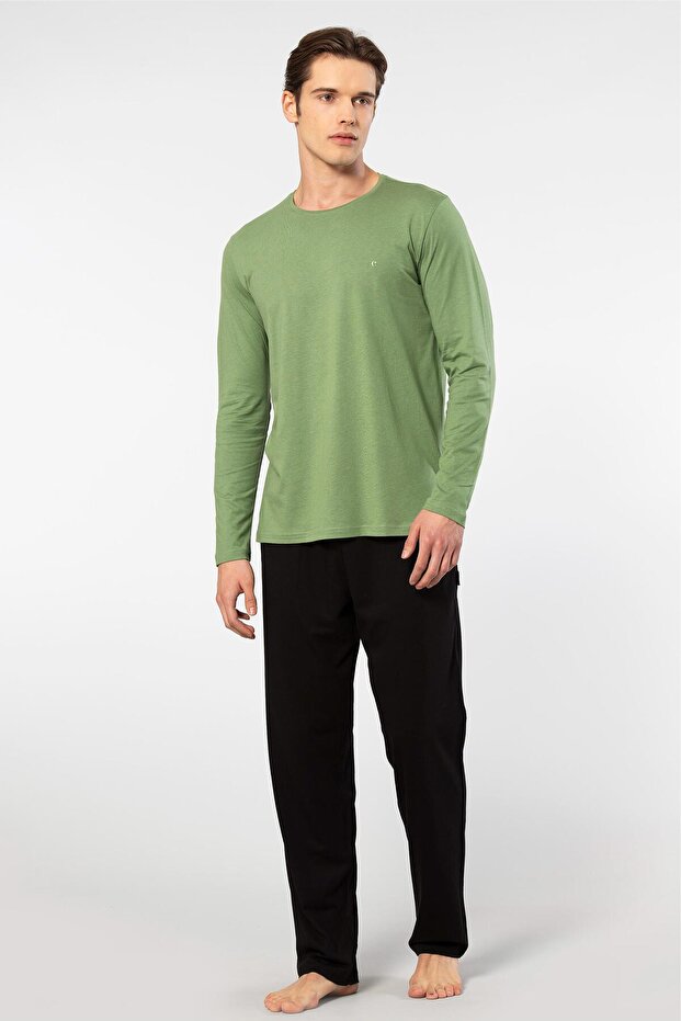 Men's Round Neck Longsleeve Pajama Suit, 50% Modal, 50% Cotton Bottom Sleepwear Is Pocket