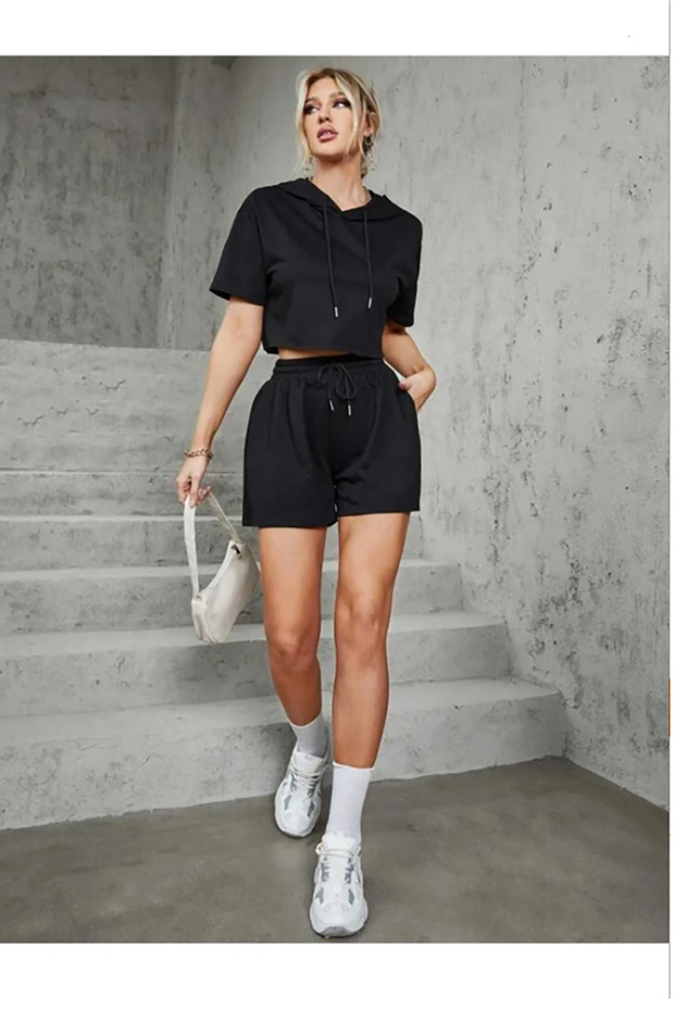 Unisex Black Elastic Waist Pocket S-Hort
