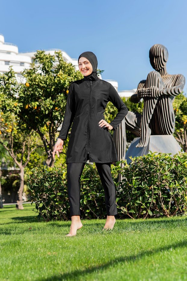 Women's Black Parachute Fabric Zippered Full Hijab Swimsuitc7T5N2O52-4