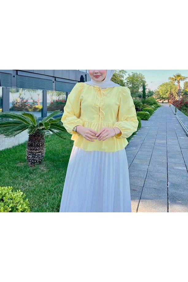 Önden Bağcıklı Kısa Gömlek - Sarı - 4
