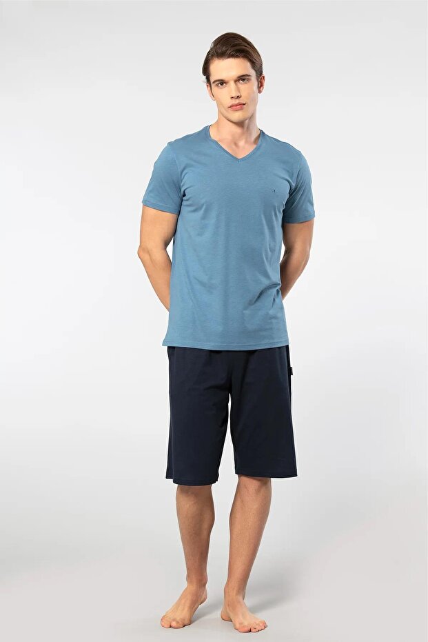 V-Neck T-Shirt and Pocket Bermuda Shorts Set, 50% Cotton 50% Modal
