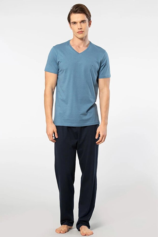 V-Neck T-Shirt and Pocket Pajama Set, 50% Cotton, 50% Modal