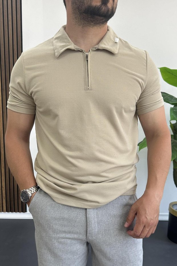 Men's Collar and Sleeve Embroidery Detailed Polo Collar Zippered T-Shirt Mink Edw392