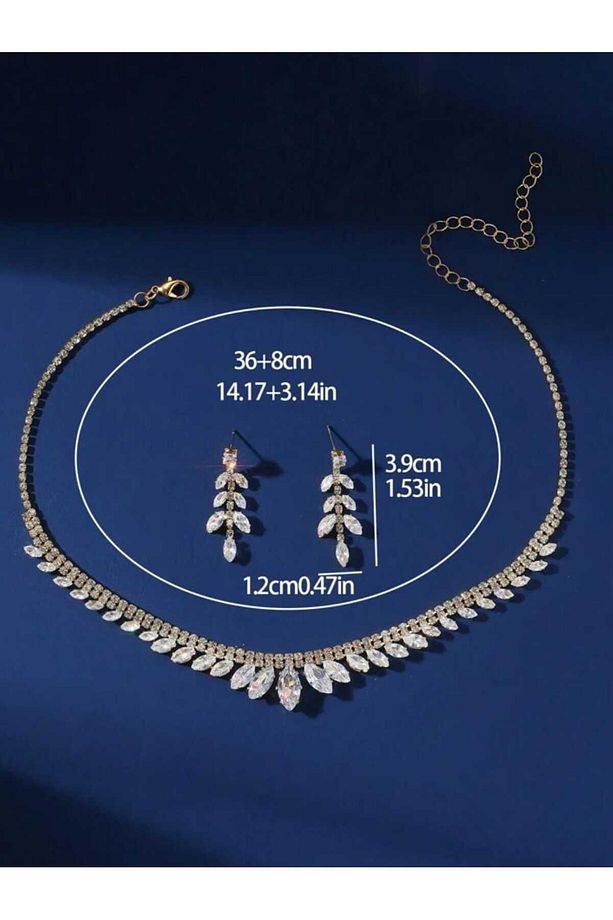 Gold Zirkon Taşlı Yaprak Model Kolye Küpe Seti Zarif Düğün Takı Seti Kına Takı Seti Nişan Takı Seti - 3