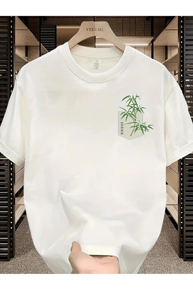 White Oversize T-Shirt – Pocket Top Bamboo Plant Printed Unisex Model