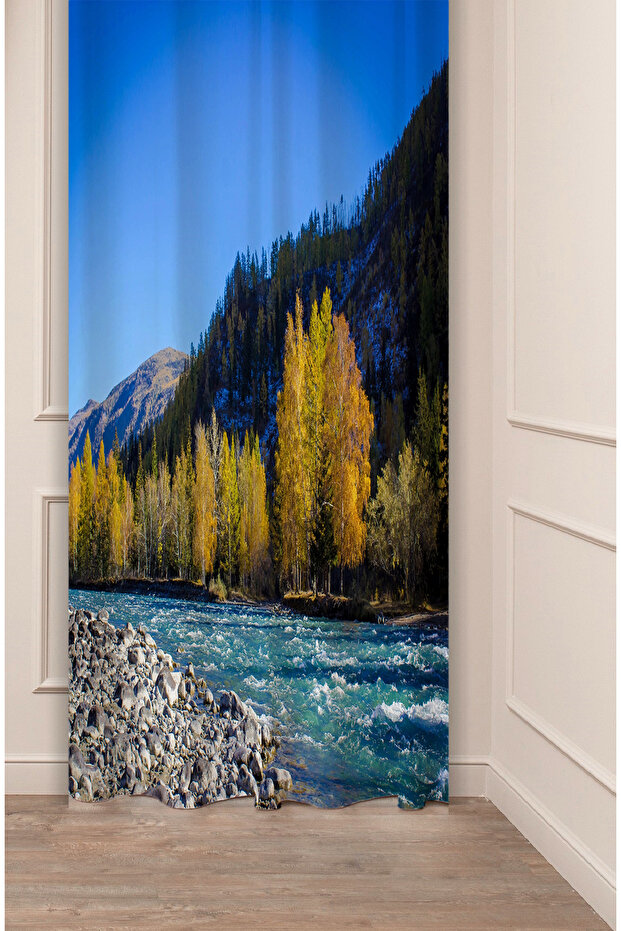River Forest Nature Nature Mountain Pine Tree Landscape Peaceful Patterned Digital Printed (Single Wing) Background Curtain