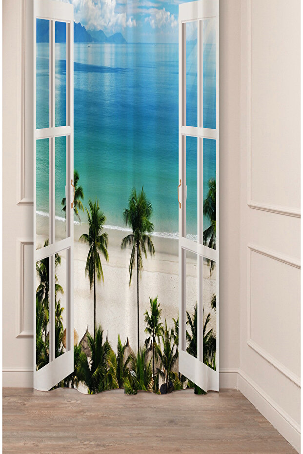 Sea Palm Beach Ocean Landscape Peaceful Patterned Special Design Digital Printed (Single Wing) Background Curtain