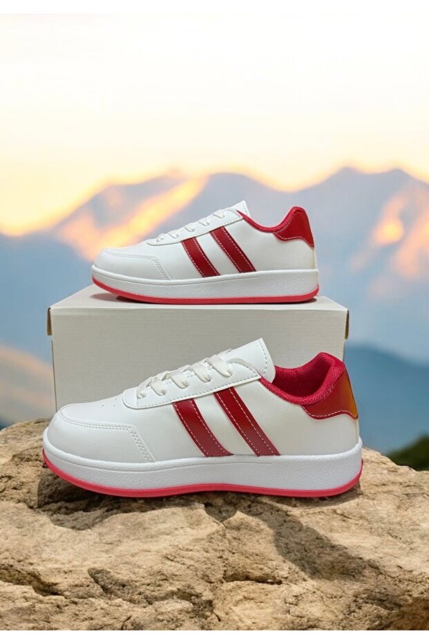 White-Red Two-Strap Unisex Daily Lightweight Sole Sneakers Sneakers