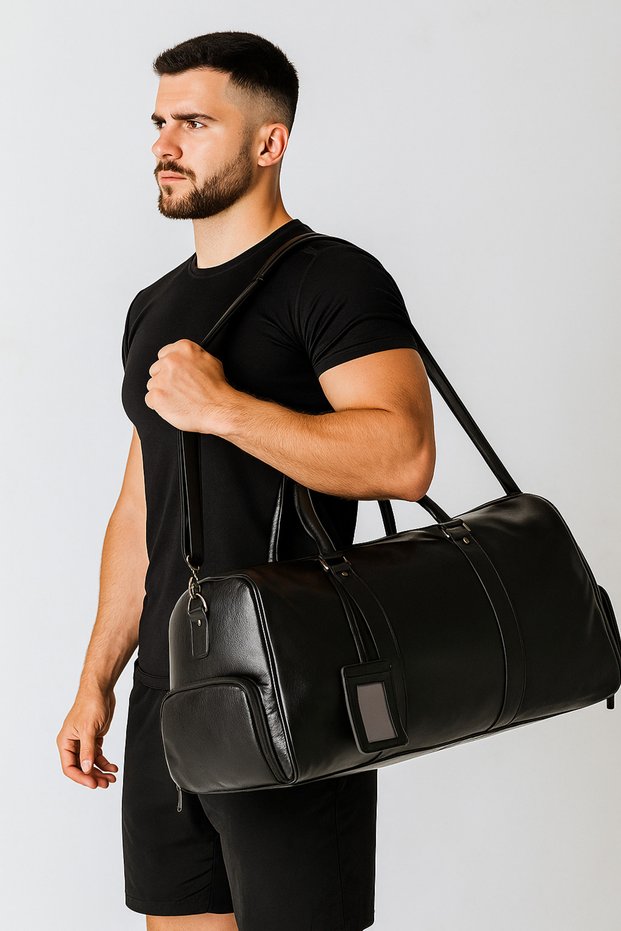 Sports Bag Travel Leather Black with Shoe Compartment