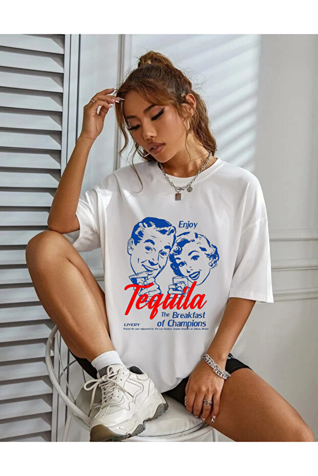 Women's White Tequila Oversize Loose Cut T-Shirt Simple Crew Neck Cotton Summer Plain Basic