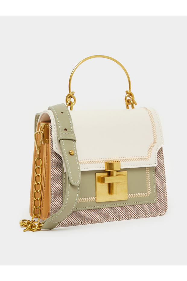 Color Block T Lock Satchel Bag with Metal Handle