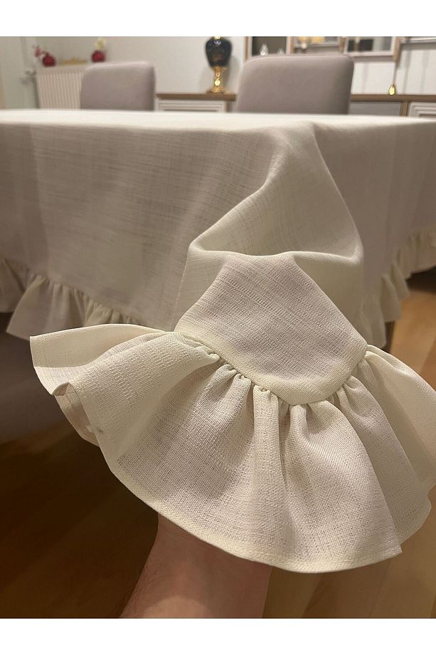 Fırfırlı Simsiz Polyester Keten Dertsiz Masa Örtüsü Krem - 5
