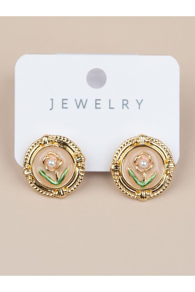 Clémira Enamel Flower Motif Pearl Minimal Art Earrings