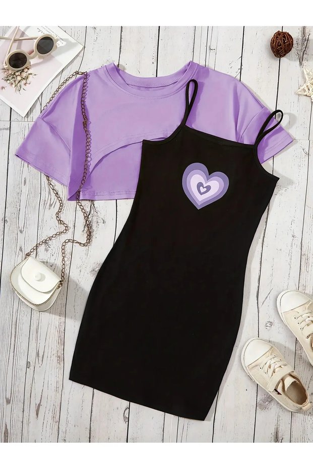 Children's Heart Printed Dress & Crop T-Shirt 2-Piece Combination