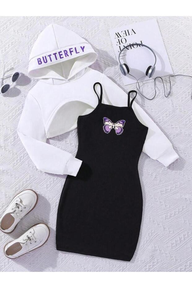Child Butterfly Printed Dress & Cropped Sweatshirt 2-Piece Set