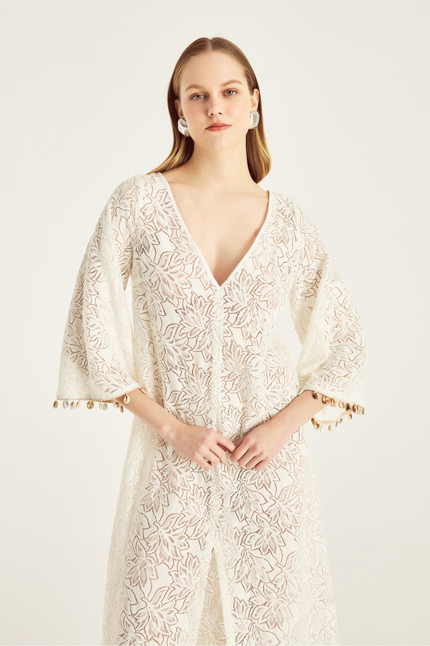 Ekru Dantel Plaj Elbisesi - 3