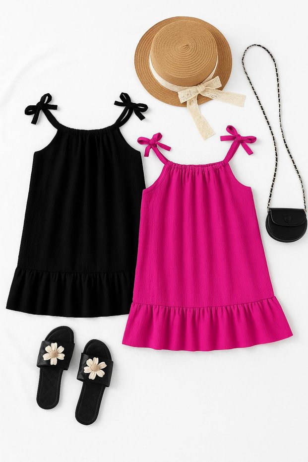 Relaxed Cut Ruffled Rope Strap Woven Fabric 2-Piece Children's Dress
