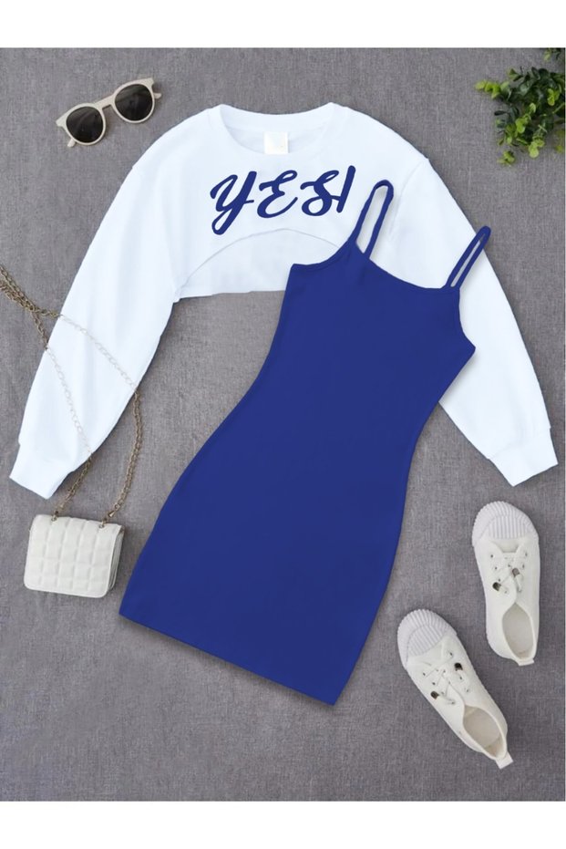 Kids Yes Printed Dress & Crop Sweatshirt 2-Piece Combination