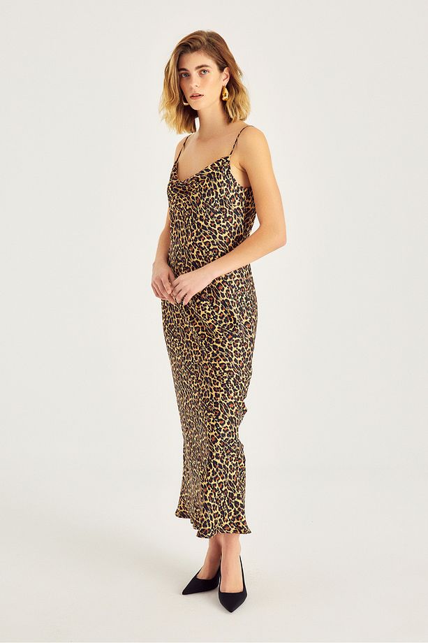 Degaje Yaka Midi Boy Leopar Desen Elbise - 2