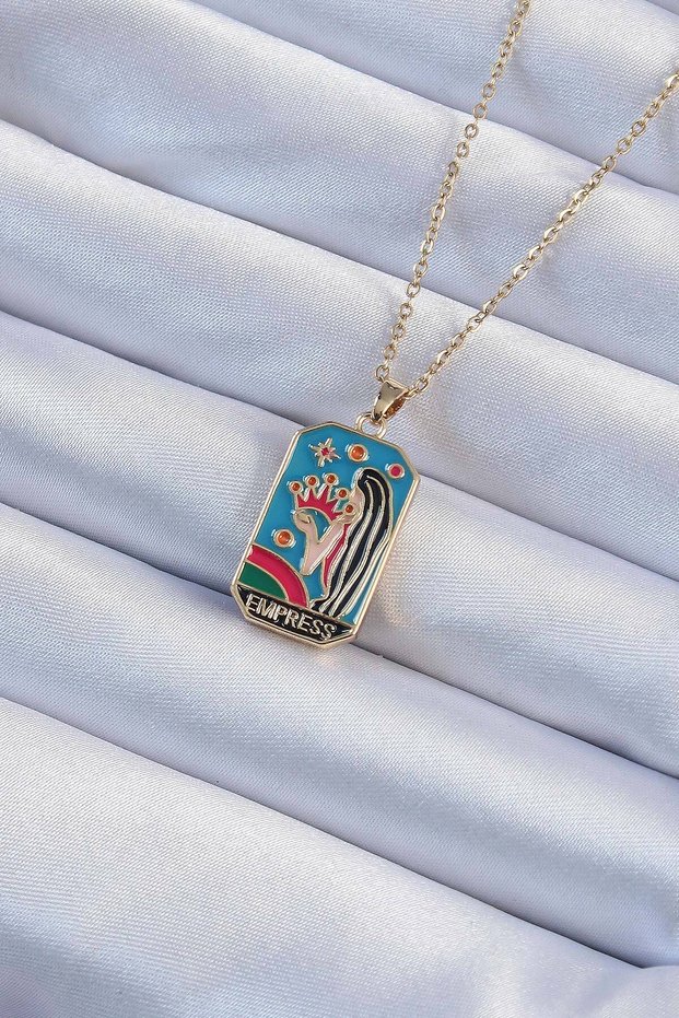 316L Steel Chain Gold Color Colorful Enamel Tarot Necklace with Crown and Girl Figure - Tj-Bko9229